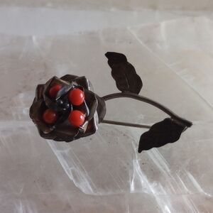 Antique Old Mexican Silver  and Red Coral Floral Brooch Taxco Hallmark 2" x1.25"